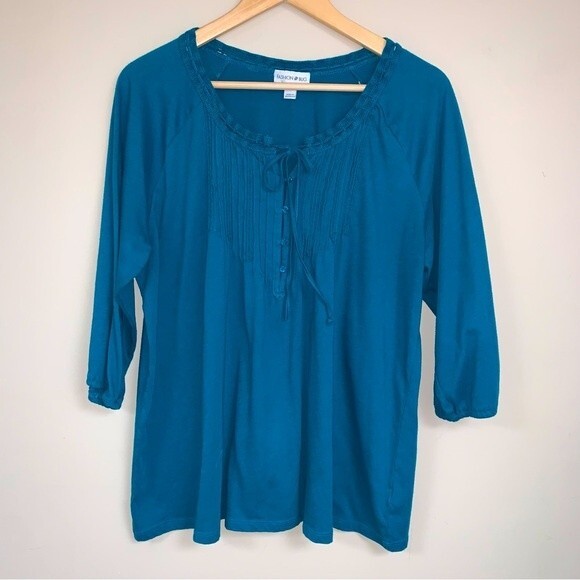 Turquoise Blue Green Loose Fit Flowy Blouse Women’s 1X Tie Neck by Fashion Bug - Picture 1 of 5